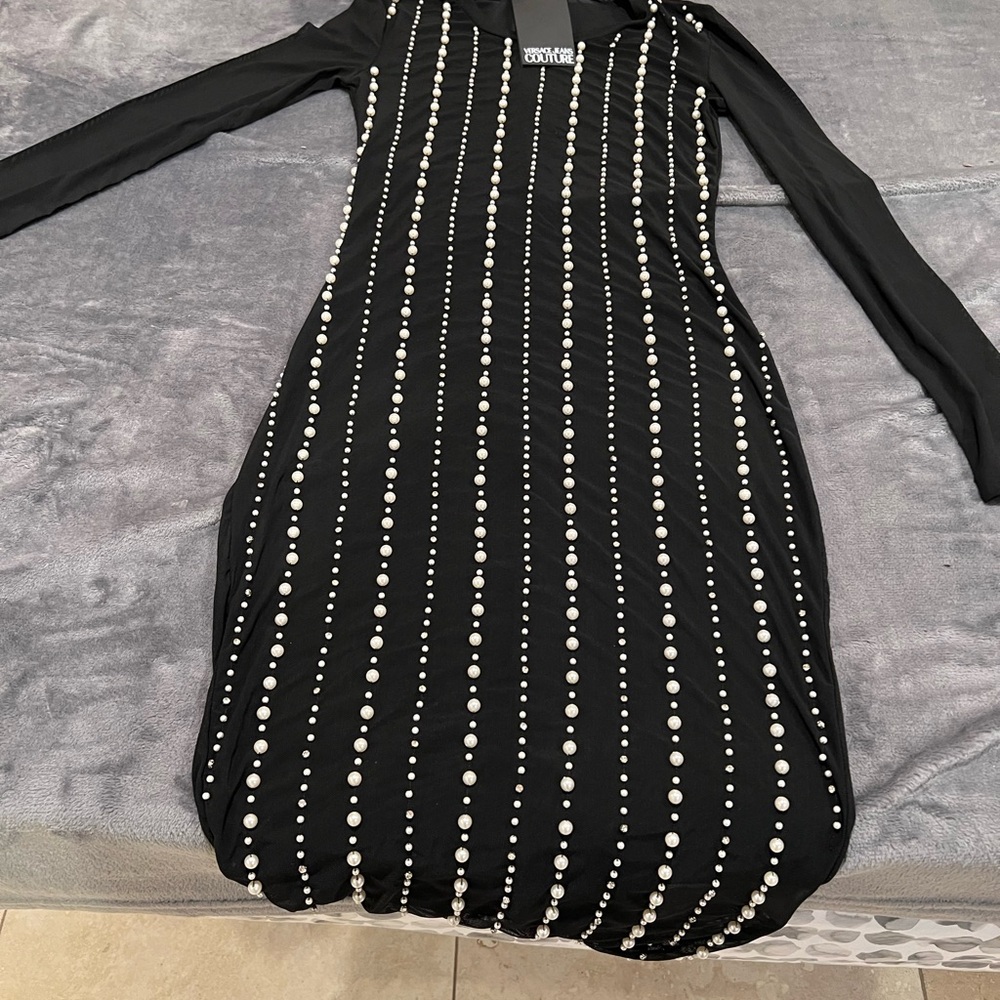 Versace Black Long Sleeve Dress with Pearl  and Crystal Accents